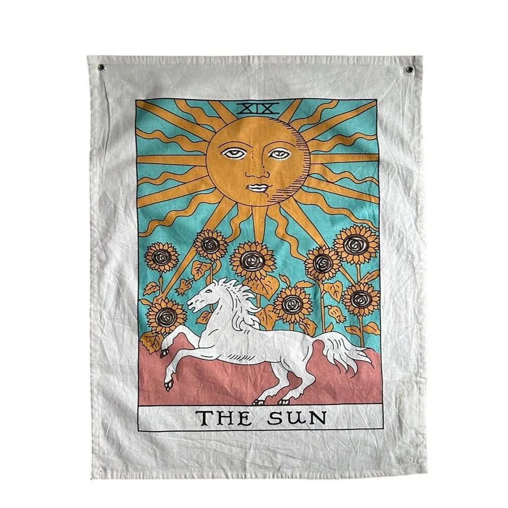 The Sun Tarot Wall Tapestry in Teal, Gold, White